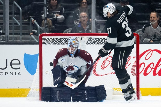 Colorado Avalanche goaltender Scott Wedgewood blocks a shot in front...