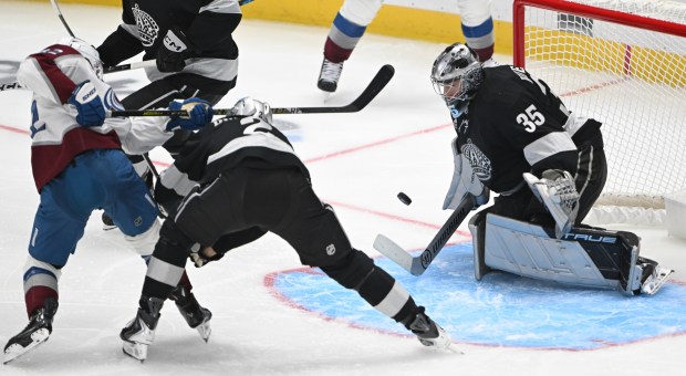 The Colorado Avalanche’s Artturi Lehkonen (62) takes a shot on...