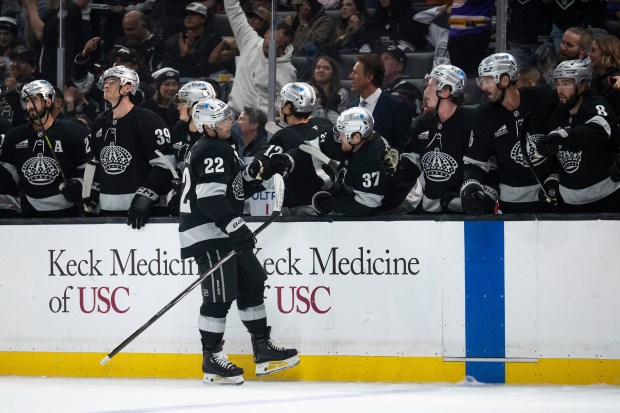 Kings left wing Kevin Fiala (22) celebrates his goal with...
