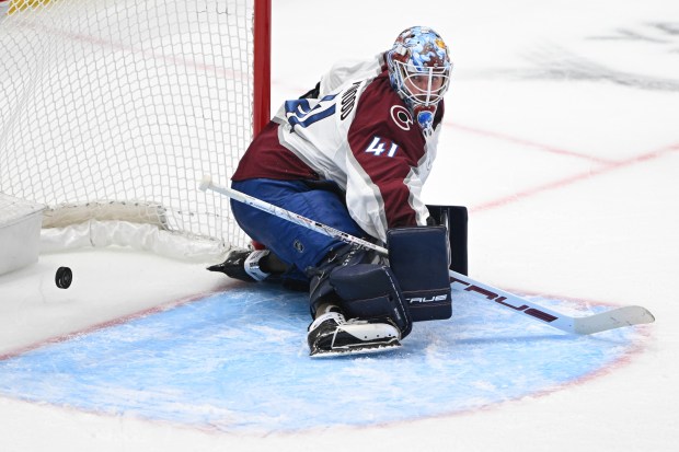 Colorado Avalanche goalie Scott Wedgewood can’t stop this shot during...