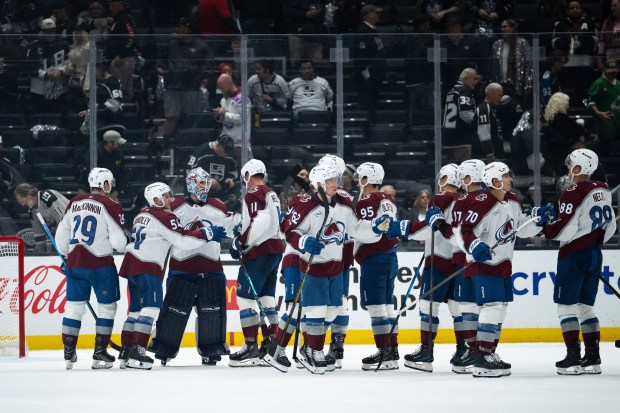 Colorado Avalanche players celebrate after their 4-1 victory over the...