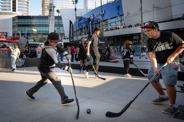 Kings fans warm up outside Crypto.com Arena before the start...