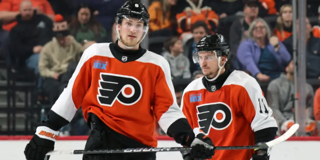 Travis Sanheim and Travis Konecny skating for the Philadelphia Flyers