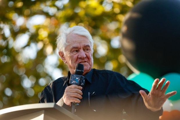 Sharks Owner Hasso Plattner speaks during a pregame ceremony before the San Jose Sharks' home opener against the Vegas Golden Knights at the SAP Center in San Jose, Calif., on Thursday, Oct. 9, 2025. (Shae Hammond/Bay Area News Group)