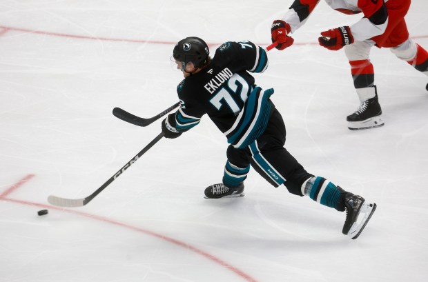 San Jose Sharks' William Eklund (72) scores a goal against...