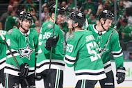 Dallas Stars center Wyatt Johnston (53) cheers following scoring a goal during the first...
