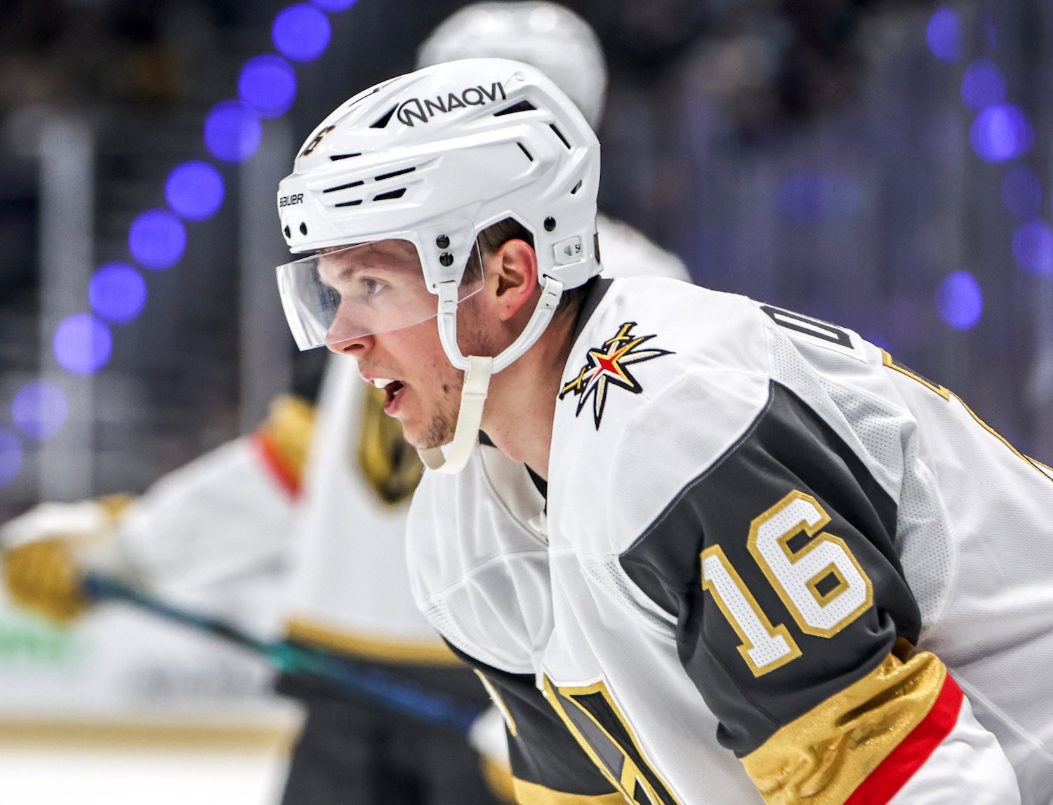 SEATTLE, WASHINGTON - OCTOBER 11: Pavel Dorofeyev #16 of the Vegas Golden Knights looks on during the third period against the Seattle Kraken at Climate Pledge Arena on October 11, 2025 in Seattle, Washington. (Photo by Olivia Vanni/Getty Images)