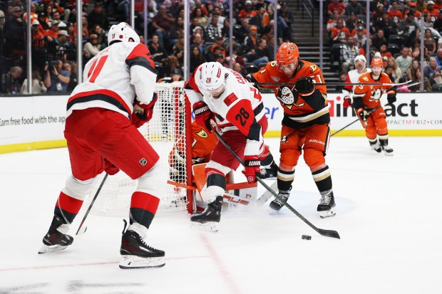 Carolina Hurricanes left wing William Carrier (28) attempts to score...