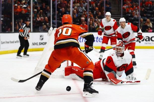 Carolina Hurricanes goaltender Frederik Andersen (31) watches the puck as...