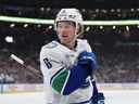 Brock Boeser of the Vancouver Canucks celebrates a goal during the first period against the Columbus Blue Jackets at Nationwide Arena on March 28, 2025 in Columbus, Ohio.