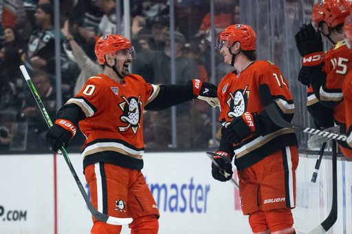 Anaheim Ducks defenseman Drew Helleson (14) celebrates his goal with left wing Chris Kreider (20) during the second period of an NHL hockey game against the Pittsburgh Penguins, Tuesday, Oct. 14, 2025, in Anaheim, Calif. (AP Photo/Kyusung Gong)