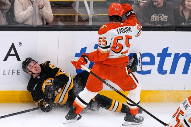 Boston Bruins center Michael Eyssimont, left, is checked to the...