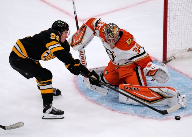 Ducks goaltender Petr Mrazek (34) makes a save on a...