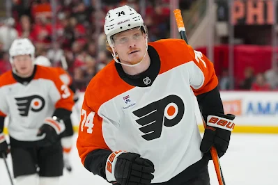 Philadelphia Flyers forward Owen Tippett celebrates goal during 2025 game.