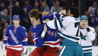 New York Rangers' Matt Rempe fights San Jose Sharks' Ryan Reaves