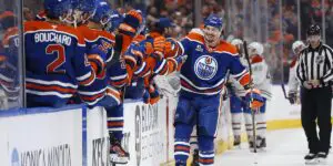 David Tomasek celebrating a goal for the Edmonton Oilers