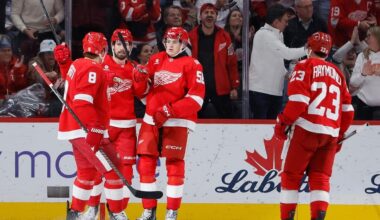 Edvinsson scores two goals as Red Wings erase four-goal deficit, beat Blues 6-4