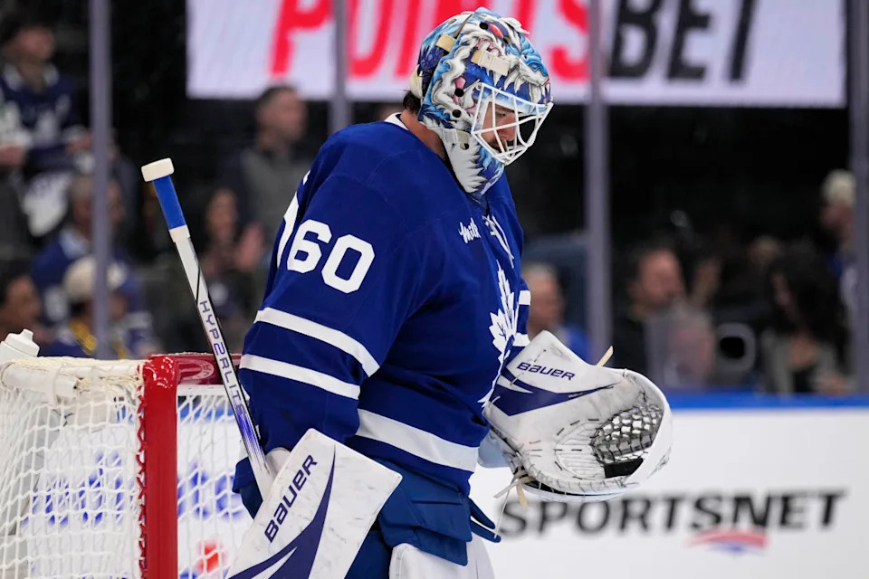 Toronto Maple Leafs goaltender Joseph Woll (60) looks down at a puck.John E&period; Sokolowski-Imagn Images