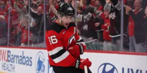 Jack Hughes celebrates his overtime game-winning goal for the New Jersey Devils against the Colorado Avalanche at the Prudential Center on Sunday afternoon.
