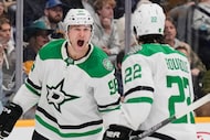 Dallas Stars right wing Mikko Rantanen (96) celebrates his goal with center Mavrik Bourque...