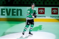 Dallas Stars defenseman Thomas Harley (55) skates on the ice after the Stars defeated the...