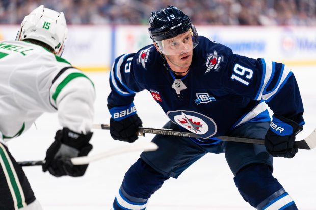 Jets center Jonathan Toews prepares for a faceoff against the Stars on Oct. 9, 2025, in Winnipeg, Manitoba. (Cameron Bartlett/Getty Images)