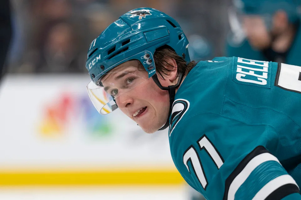 San Jose Sharks center Macklin Celebrini (71) during a stoppage of play at SAP Center.Stan Szeto-Imagn Images