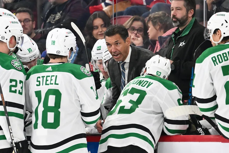 Dallas Stars assistant coach Alain Nasreddine speaks to his team during a game against the Montreal Canadiens on Feb. 10, 2024, in Montreal.