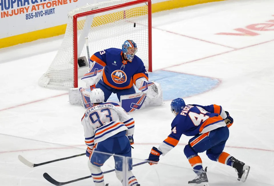Ryan Nugent-Hopkins of the Edmonton Oilers scores a goal past David Rittich of the New York Islanders. Robert Sabo for NY Post