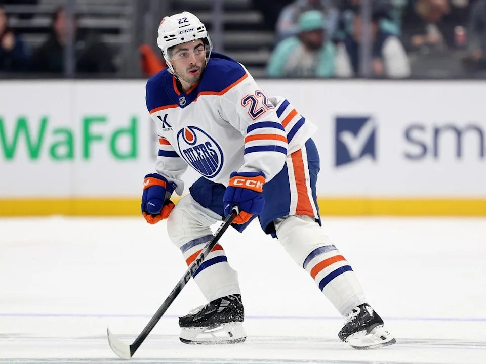  Edmonton Oilers forward Matt Savoie skates during the first period against the Seattle Kraken in a preseason game at Climate Pledge Arena on October 1, 2025, in Seattle, Washington.
