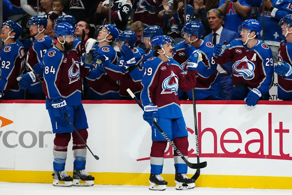 Colorado Avalanche defenseman Brent Burns (84) and defenseman Samuel Girard (49) celebrate a goal scored in the first period against the Utah Mammoth at Ball Arena. Ron Chenoy-Imagn ImagesRon Chenoy-Imagn Images