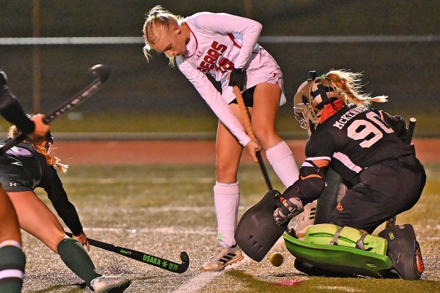 Methacton goalie Maddie McKenney was under siege all night but kept a talented Boyertown offense scoreless in the 1-0 PAC title game win on October 16, 2025. (Photo by Joe Evans/JoeEvansPictures.com)