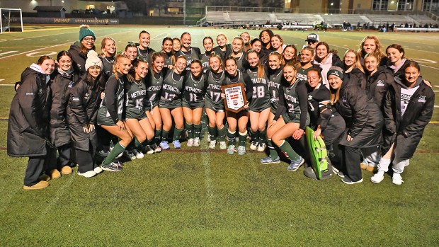 The Methacton field hockey team celebrates after a thrilling 1-0 win over Boyertown in the Pioneer Athletic Conference championship game on October 16, 2025. (Photo by Joe Evans/JoeEvansPictures.com)