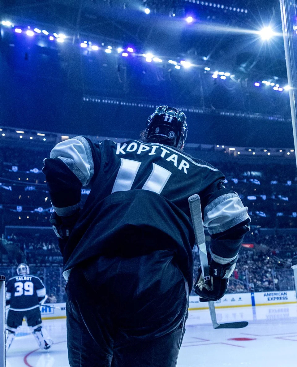 Anze Kopitar takes the ice before a game against the Winnipeg Jets in December 2023.
