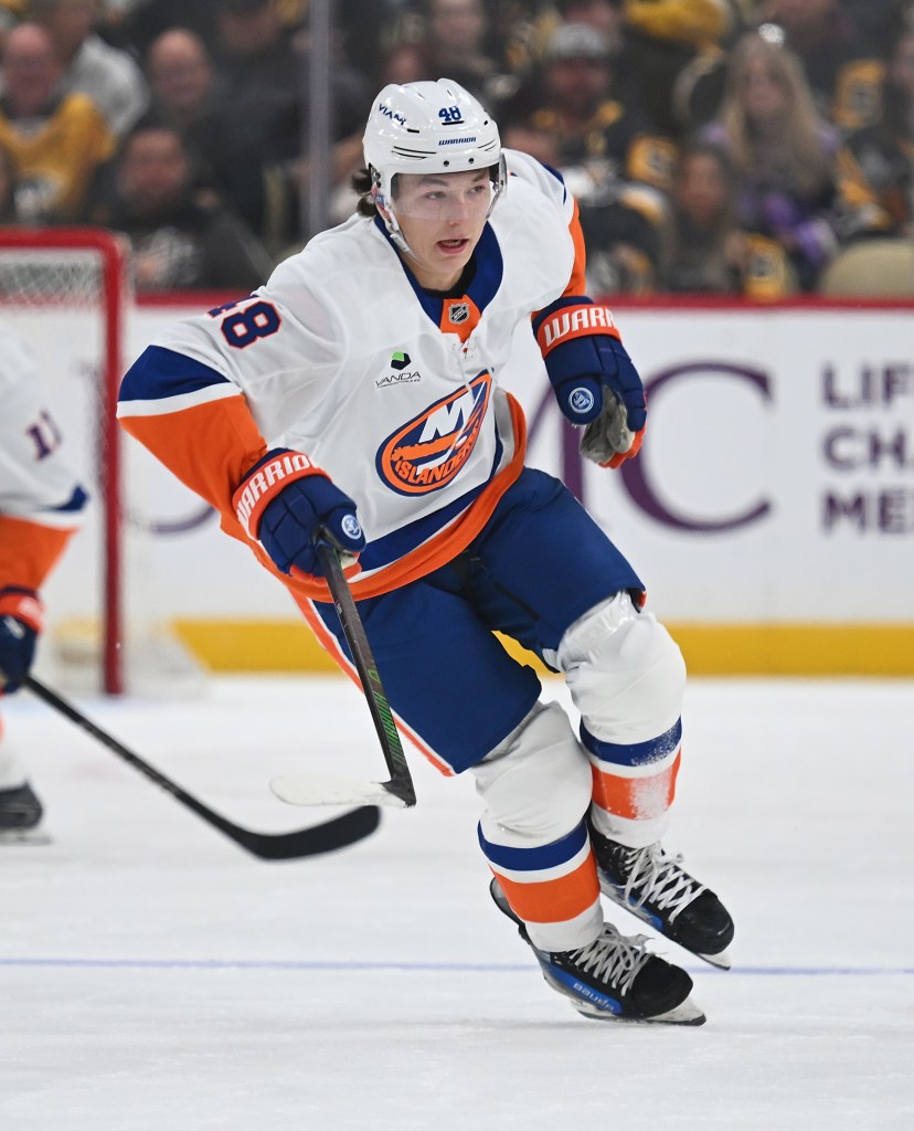 Matthew Schaefer #48 of the New York Islanders skates in the first period of his NHL debut against the Pittsburgh Penguins at PPG PAINTS Arena on October 9, 2025 in Pittsburgh, Pennsylvania.