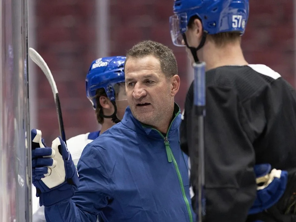  Adam Foote instructs Tyler Myers last season.