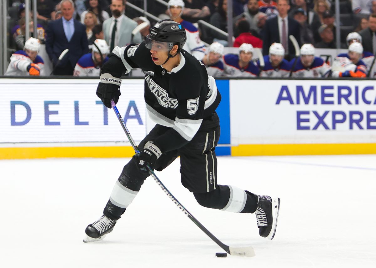 Los Angeles Kings RW (55) Quinton Byfield takes a shot on goal against the Edmonton Oilers on April 5, 2025 at Crypto.com Arena in Los Angeles, CA. Los Angeles Kings RW (55) Quinton Byfield takes a shot on goal against the Edmonton Oilers on April 5, 2025 at Crypto.com Arena in Los Angeles, CA.
