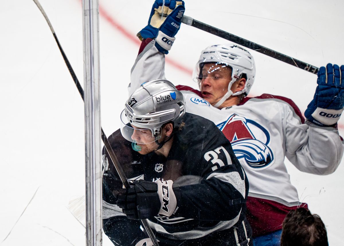 Los Angeles Kings left wing, Warren Foegele 37, is slammed into the glass during an NHL hockey game against the Colorado Avalanche at Crypto.com Arena in Los Angeles on October 07, 2025