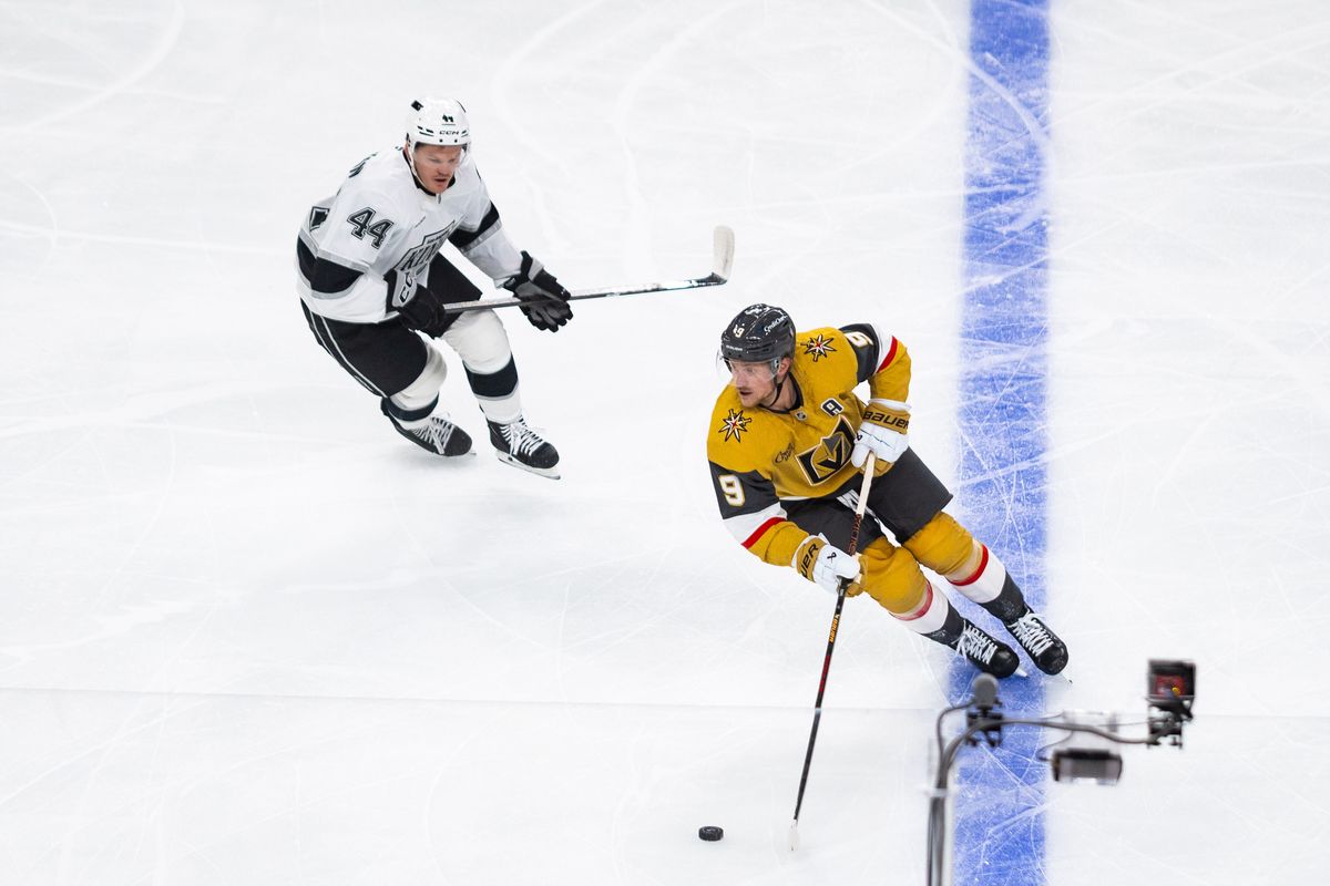 Vegas Golden Knights center Jack Eichel (9) looks to skate the puck into the offensive zone during a NHL game between the Vegas Golden Knights and the Los Angeles Kings, Wednesday October 8, 2025 in Las Vegas, Nev.