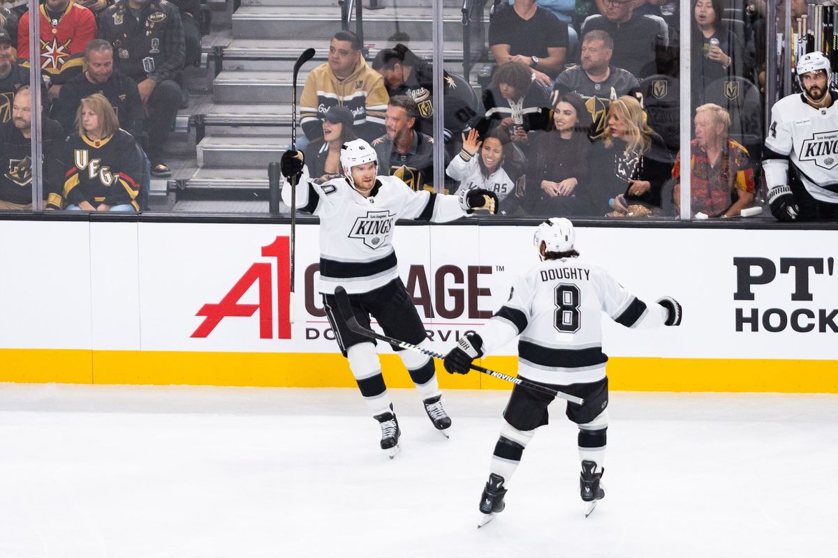 Los Angeles Kings right-winger Joel Armia (40) celebrates with defenseman Drew Doughty (8) after scoring a goal during a NHL game between the Vegas Golden Knights and the Los Angeles Kings, Wednesday October 8, 2025 in Las Vegas, Nev.