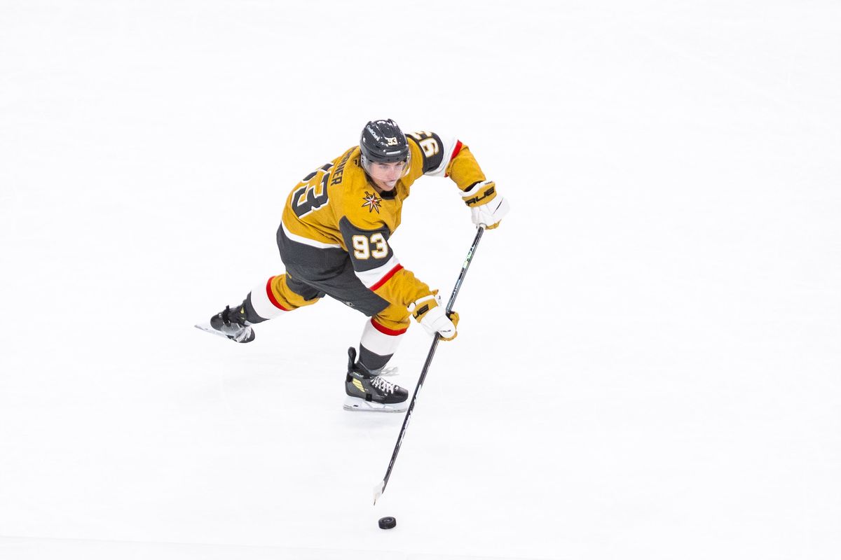 Vegas Golden Knights right-winger Mitch Marner (93) looks to pass the puck up the ice during a NHL game between the Vegas Golden Knights and the Los Angeles Kings, Wednesday October 8, 2025 in Las Vegas, Nev.