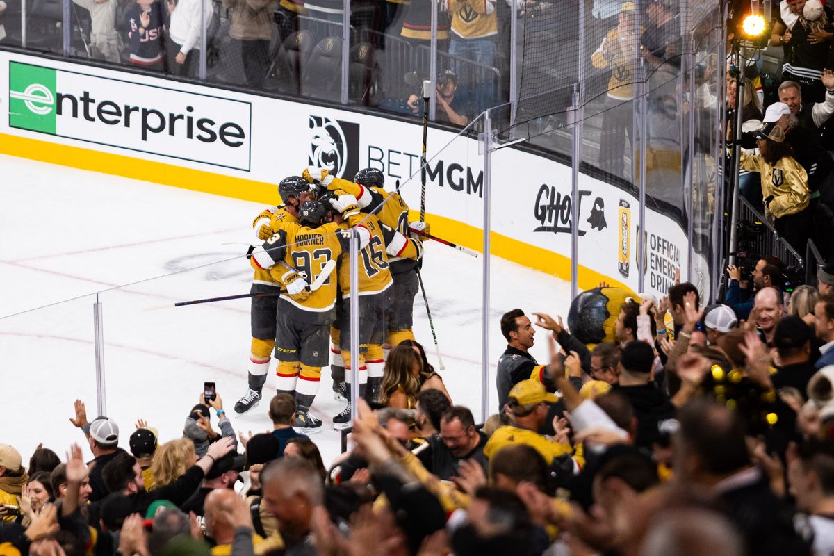Vegas Golden Knights celebrate after right-winger Pavel Dorofeyev (16) scores a goal during a NHL game between the Vegas Golden Knights and the Los Angeles Kings, Wednesday October 8, 2025 in Las Vegas, Nev.
