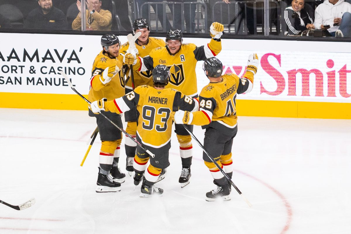 Vegas Golden Knights celebrate after center Jack Eichel (9) scores a goal during a NHL game between the Vegas Golden Knights and the Los Angeles Kings, Wednesday October 8, 2025 in Las Vegas, Nev.
