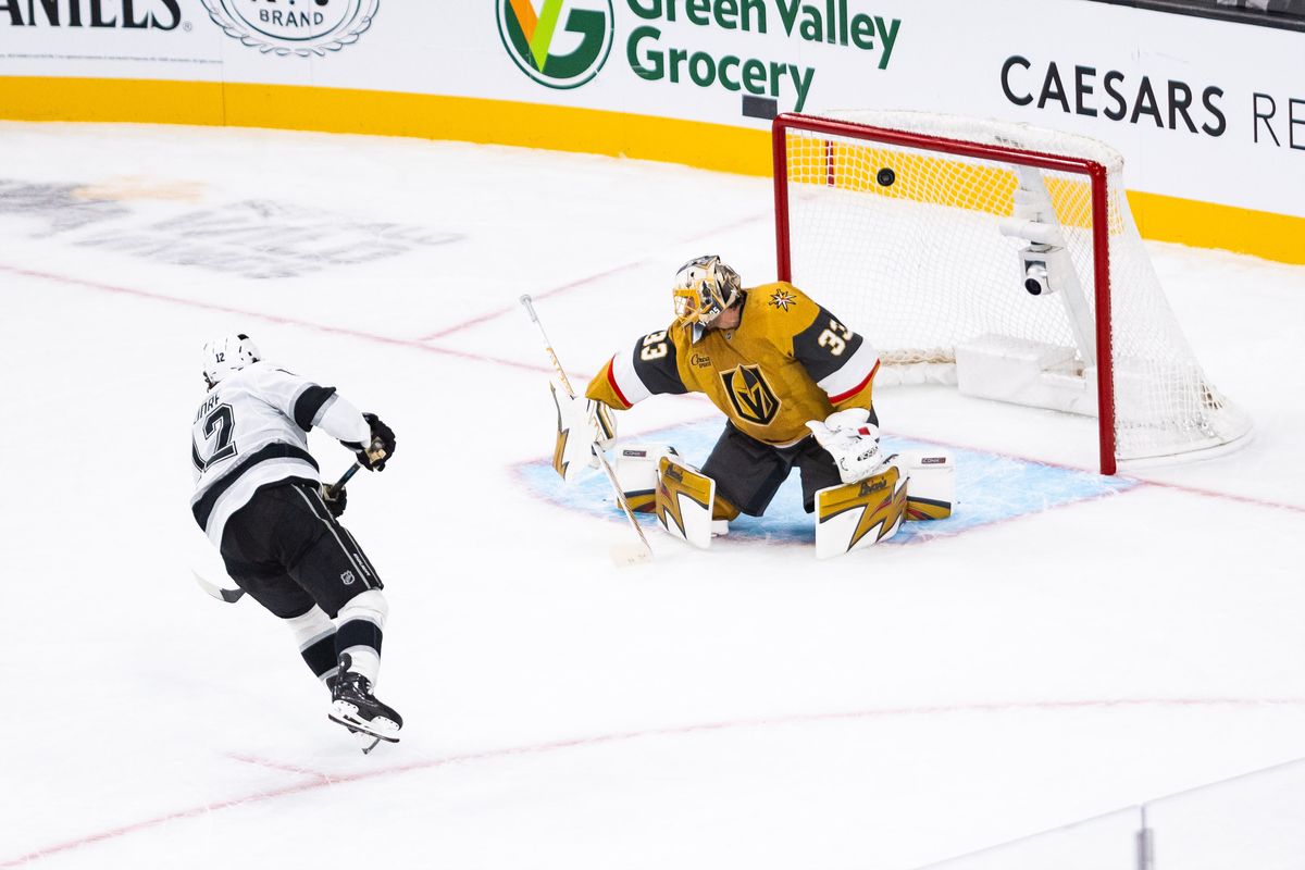 Los Angeles Kings left-winger Trevor Moore (12) scores a goal in a shoot-out during a NHL game between the Vegas Golden Knights and the Los Angeles Kings, Wednesday October 8, 2025 in Las Vegas, Nev.