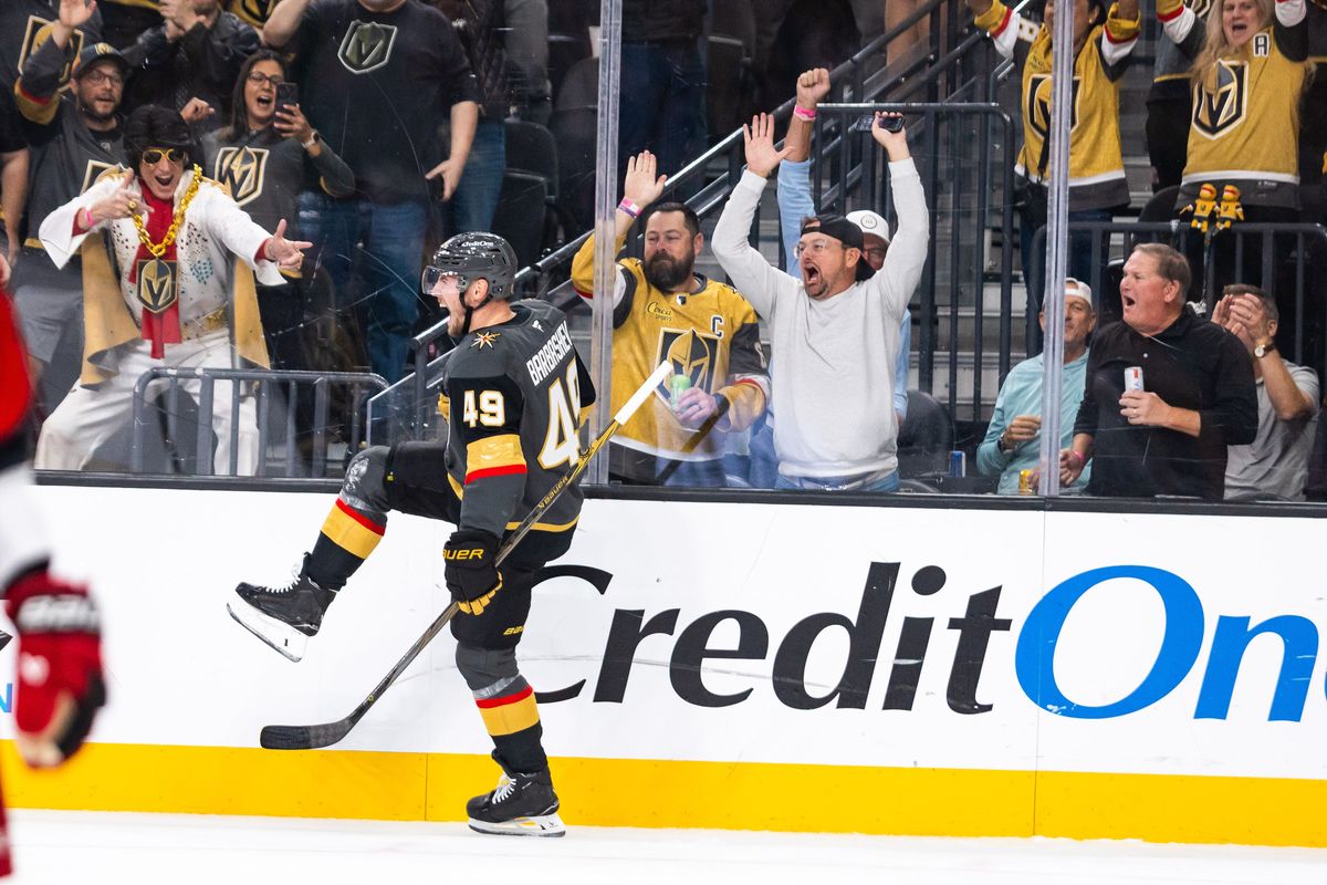 Vegas Golden Knights left-wing Ivan Barbashev (49) celebrates after scoring a goal during a NHL game between the Vegas Golden Knights and the Carolina Hurricanes, Monday October 20, 2025 in Las Vegas, Nev.