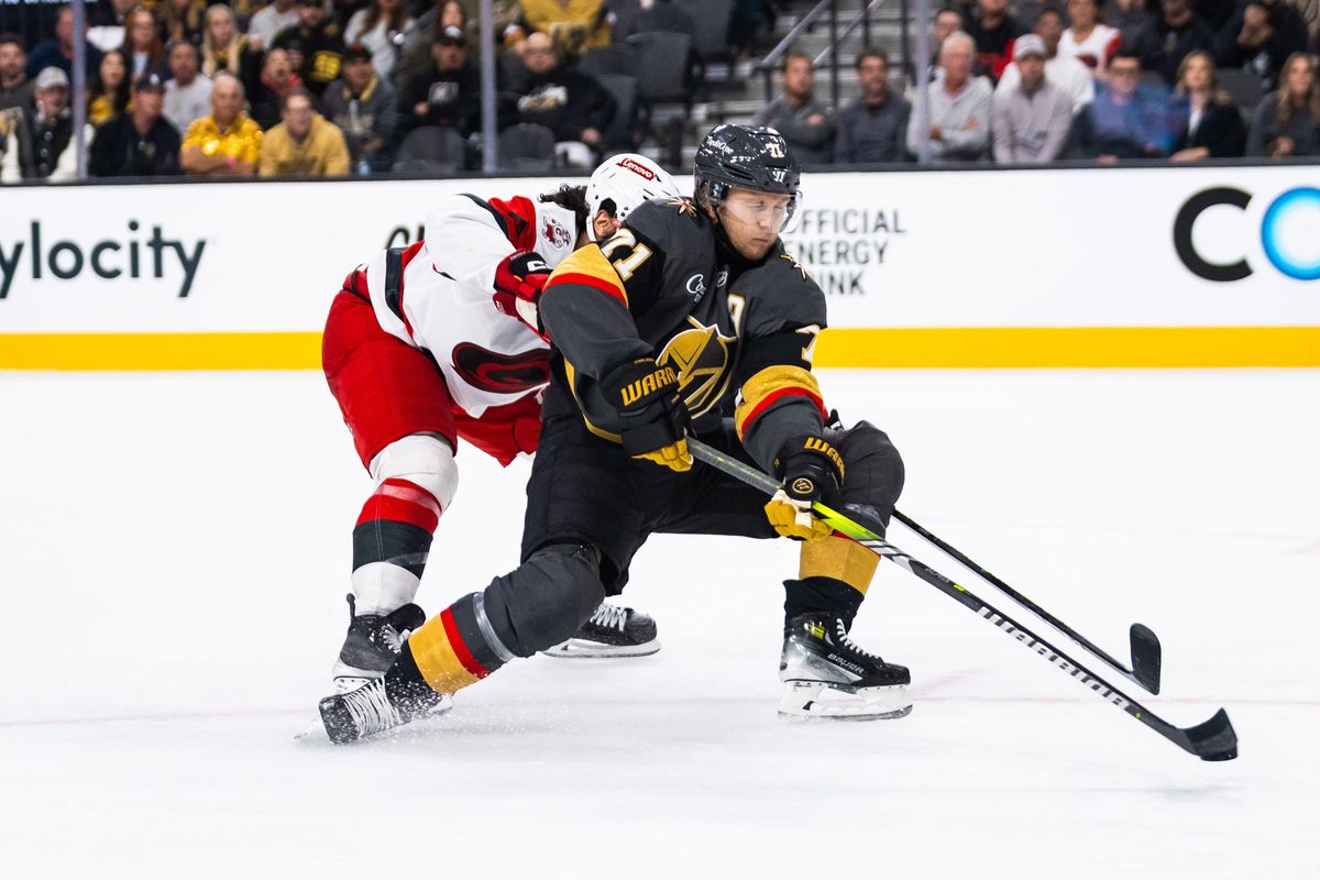 Vegas Golden Knights center William Karlsson (71) skates the puck towards the net during a NHL game between the Vegas Golden Knights and the Carolina Hurricanes, Monday October 20, 2025 in Las Vegas, Nev.