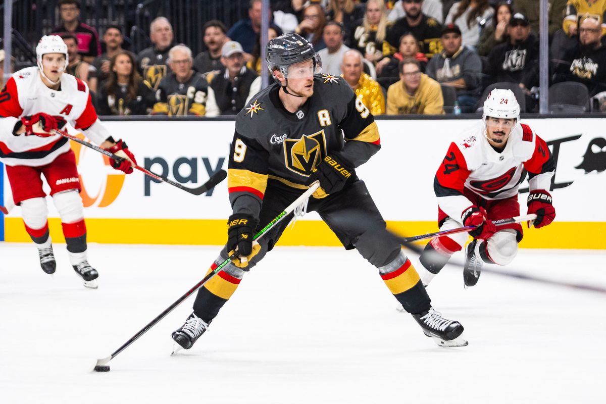 Vegas Golden Knights center Jack Eichel (9) shoots the puck during a NHL game between the Vegas Golden Knights and the Carolina Hurricanes, Monday October 20, 2025 in Las Vegas, Nev.