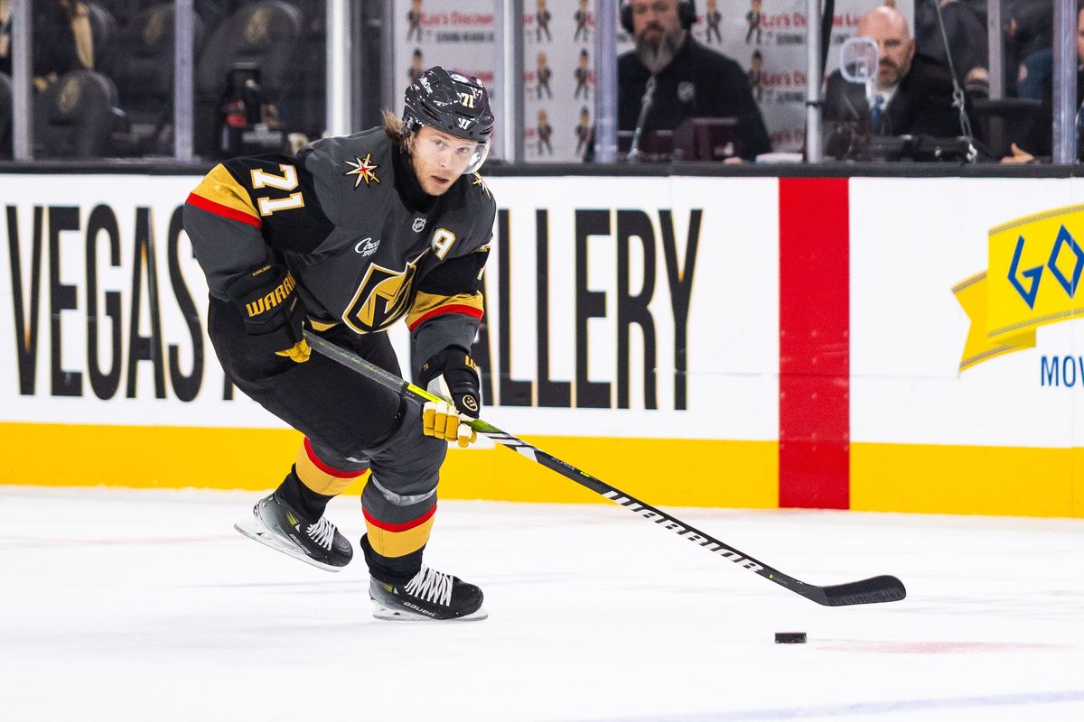 Vegas Golden Knights center William Karlsson (71) skates the puck up the ice during a NHL game between the Vegas Golden Knights and the Carolina Hurricanes, Monday October 20, 2025 in Las Vegas, Nev.