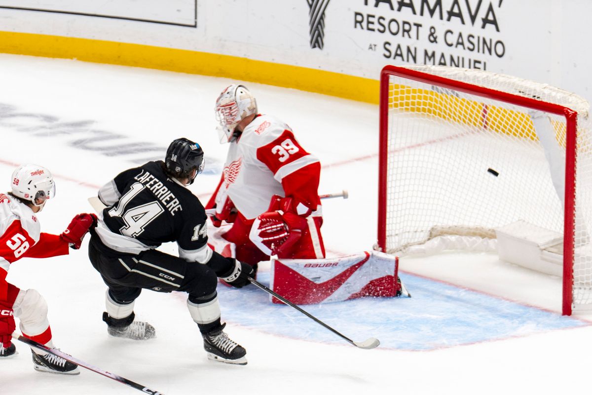 Los Angeles Kings RW Alex Laferriere (14) scores a goal during an NHL game against the Detroit Red Wings, Wednesday October 30th, 2025 in Los Angeles, California. 