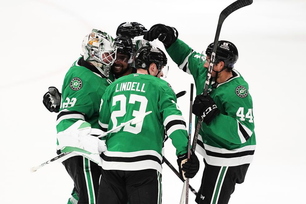 Dallas Stars' Jake Oettinger (29), Esa Lindell (23), Cody Ceci (44) and Mathew Dumba, back...